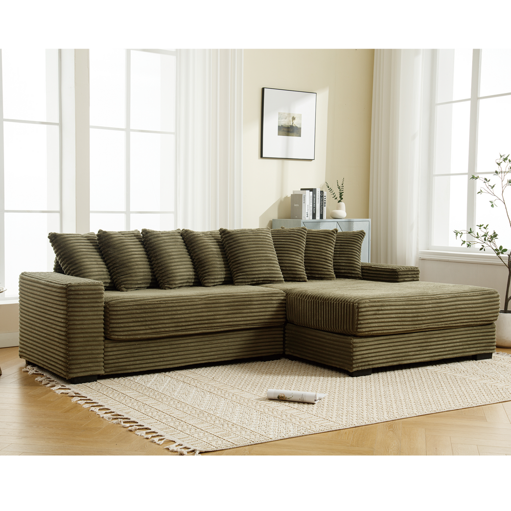Monterosa Oversized Olive Green Contemporary Mediterranean Two-Piece L-Shaped Corduroy Sofa with Right Chaise - Mediterranean Tuscan Contemporary Home Decor Furniture
