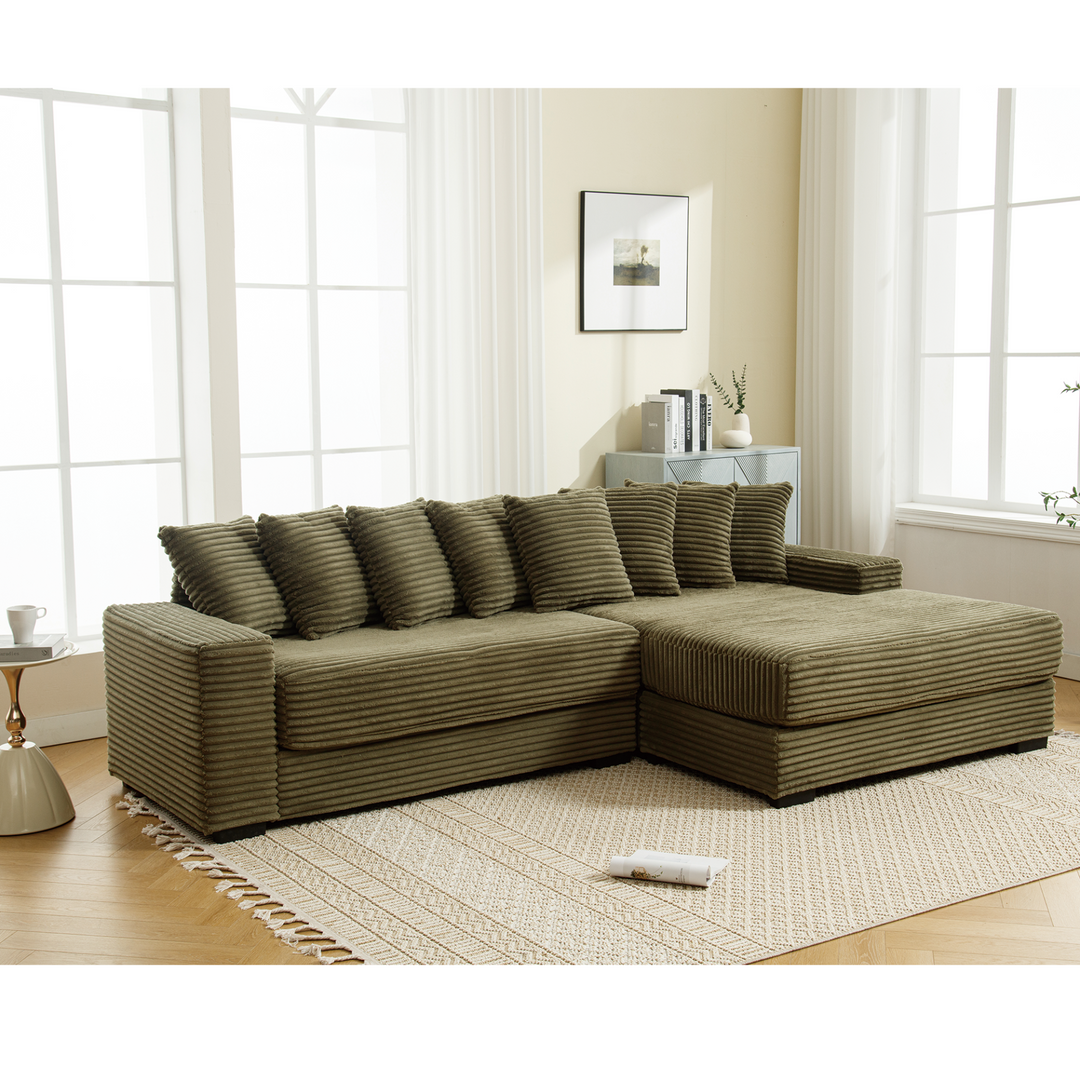 Monterosa Oversized Olive Green Contemporary Mediterranean Two-Piece L-Shaped Corduroy Sofa with Right Chaise - Mediterranean Tuscan Contemporary Home Decor Furniture