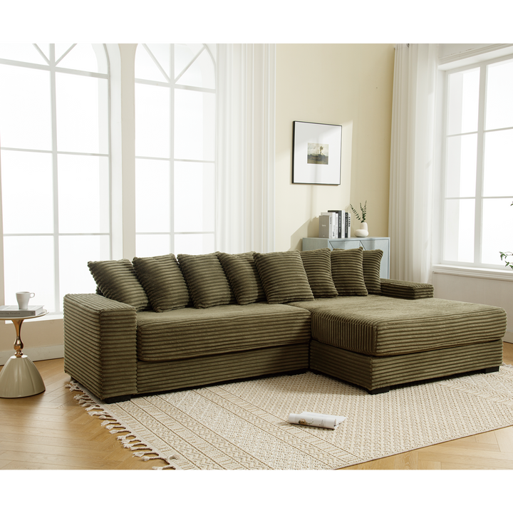 Monterosa Oversized Olive Green Contemporary Mediterranean Two-Piece L-Shaped Corduroy Sofa with Right Chaise - Mediterranean Tuscan Contemporary Home Decor Furniture