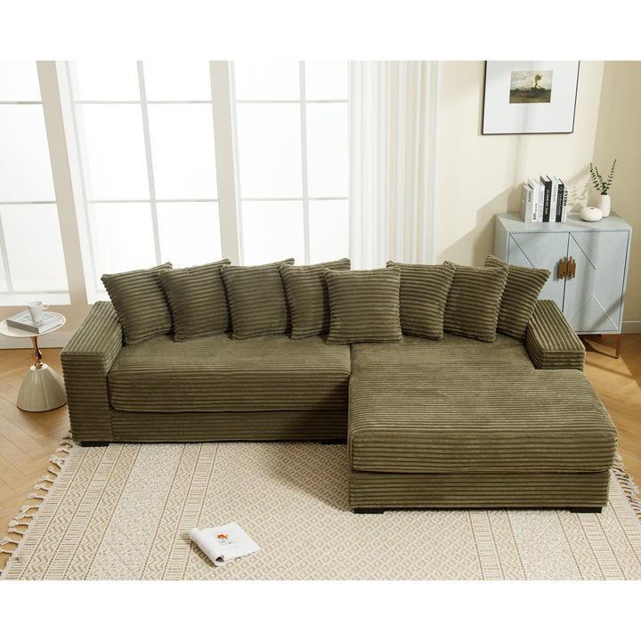 Monterosa Oversized Olive Green Contemporary Mediterranean Two-Piece L-Shaped Corduroy Sofa with Right Chaise - Mediterranean Tuscan Contemporary Home Decor Furniture