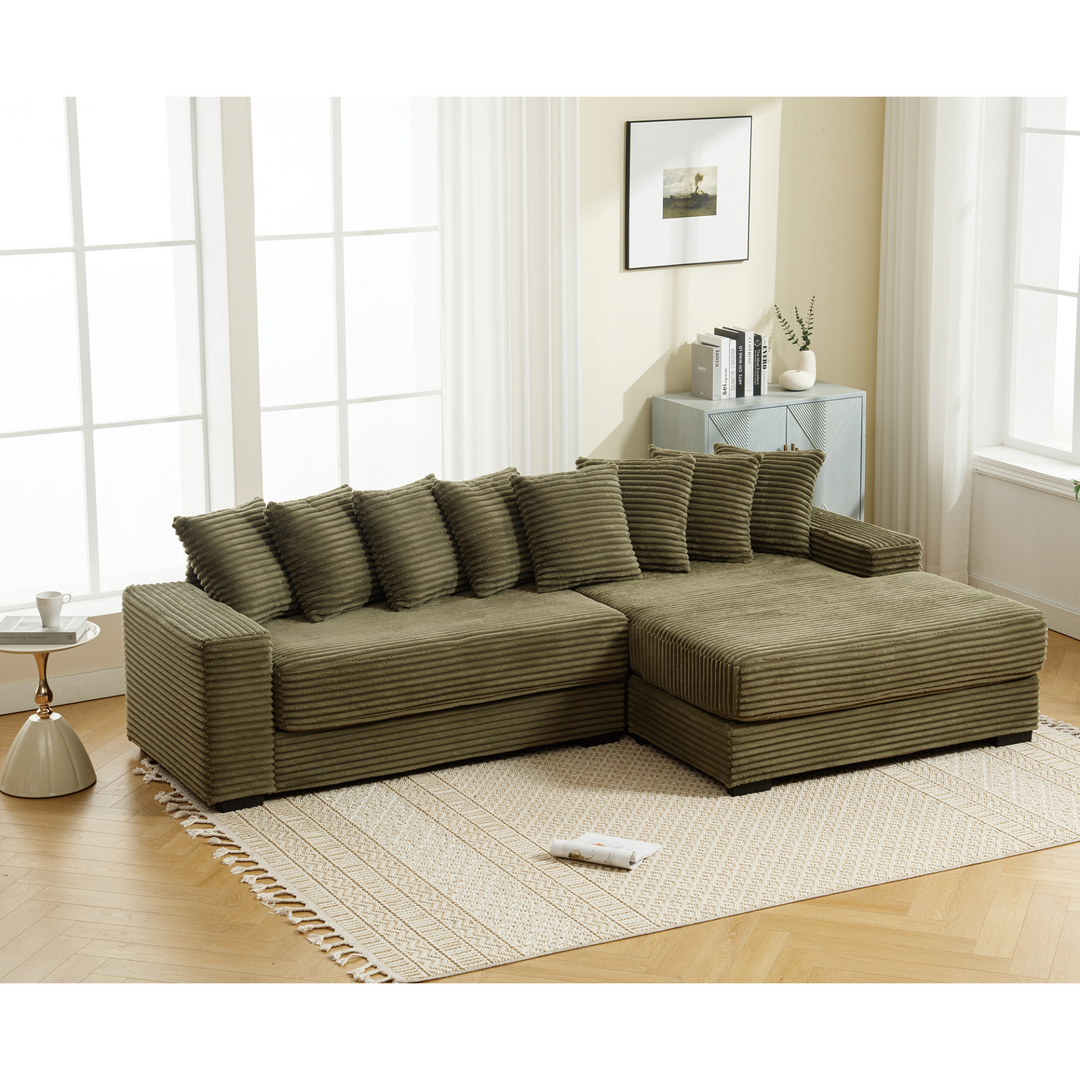 Monterosa Oversized Olive Green Contemporary Mediterranean Two-Piece L-Shaped Corduroy Sofa with Right Chaise - Mediterranean Tuscan Contemporary Home Decor Furniture