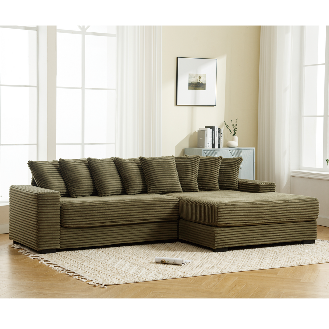 Monterosa Oversized Olive Green Contemporary Mediterranean Two-Piece L-Shaped Corduroy Sofa with Right Chaise - Mediterranean Tuscan Contemporary Home Decor Furniture