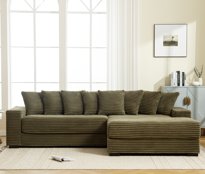 Monterosa Oversized Olive Green Contemporary Mediterranean Two-Piece L-Shaped Corduroy Sofa with Right Chaise - Mediterranean Tuscan Contemporary Home Decor Furniture