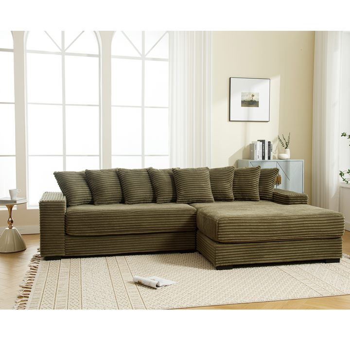 Monterosa Oversized Olive Green Contemporary Mediterranean Two-Piece L-Shaped Corduroy Sofa with Right Chaise - Mediterranean Tuscan Contemporary Home Decor Furniture