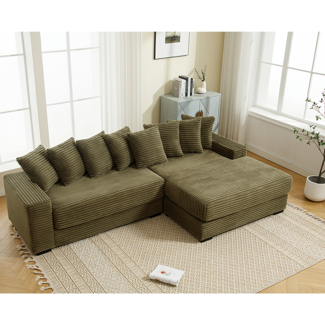 Monterosa Oversized Olive Green Contemporary Mediterranean Two-Piece L-Shaped Corduroy Sofa with Right Chaise - Mediterranean Tuscan Contemporary Home Decor Furniture