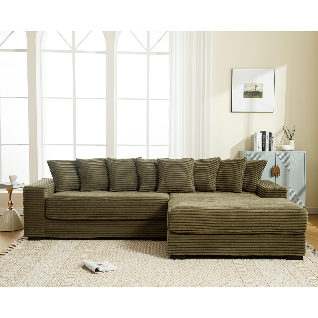 Monterosa Oversized Olive Green Contemporary Mediterranean Two-Piece L-Shaped Corduroy Sofa with Right Chaise - Mediterranean Tuscan Contemporary Home Decor Furniture