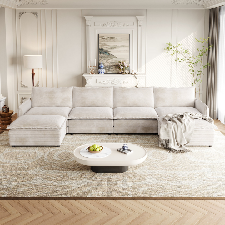 Buy farmhouse furniture Harper U-Shaped Modular Sofa Sectional | Beige Corduroy Farmhouse Couch with Ottoman - Modern Cottage Farmhouse Furniture