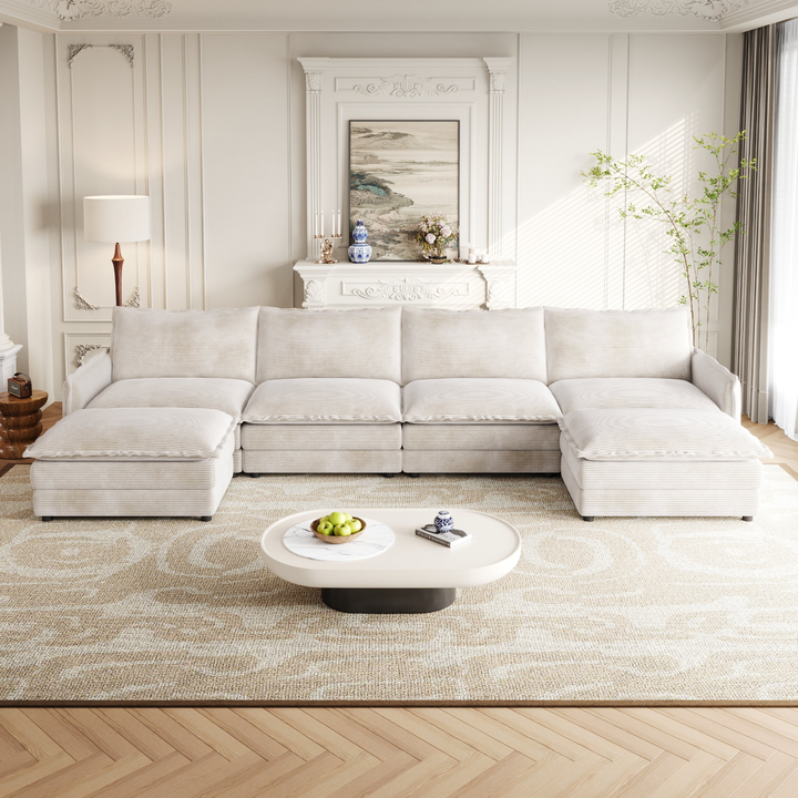 Buy farmhouse furniture Harper U-Shaped Modular Sofa Sectional | Beige Corduroy Farmhouse Couch with Ottoman - Modern Cottage Farmhouse Furniture