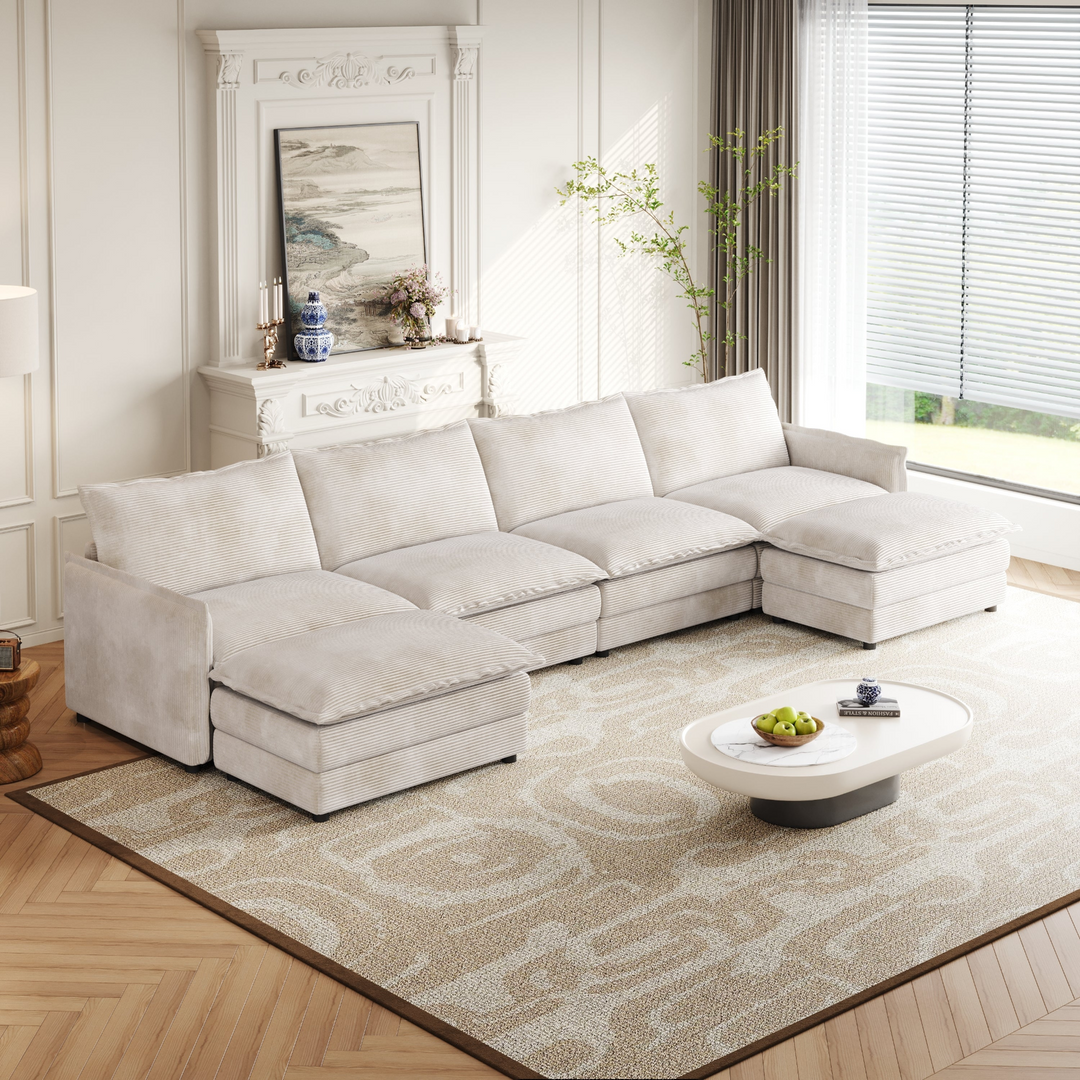 Buy farmhouse furniture Harper U-Shaped Modular Sofa Sectional | Beige Corduroy Farmhouse Couch with Ottoman - Modern Cottage Farmhouse Furniture