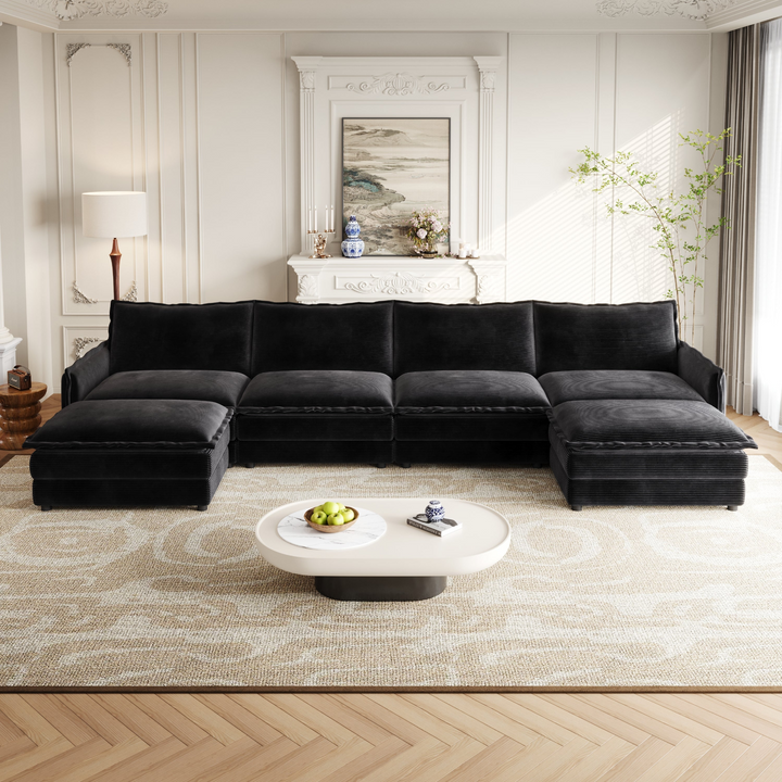 Buy farmhouse furniture Harper U-Shaped Modular Sofa Sectional | Beige Corduroy Farmhouse Couch with Ottoman - Modern Cottage Farmhouse Furniture