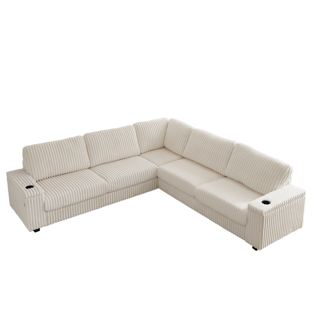 Buy farmhouse furniture Oversized Corduroy L-Shaped Corner Sofa with Storage, USB & Cup Holder - Modern Cottage Farmhouse Furniture