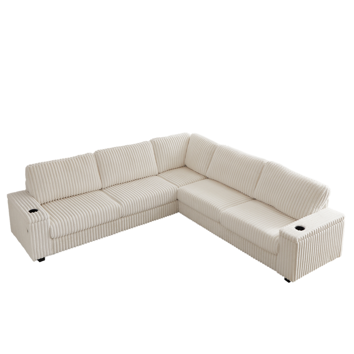 Buy farmhouse furniture Oversized Corduroy L-Shaped Corner Sofa with Storage, USB & Cup Holder - Modern Cottage Farmhouse Furniture