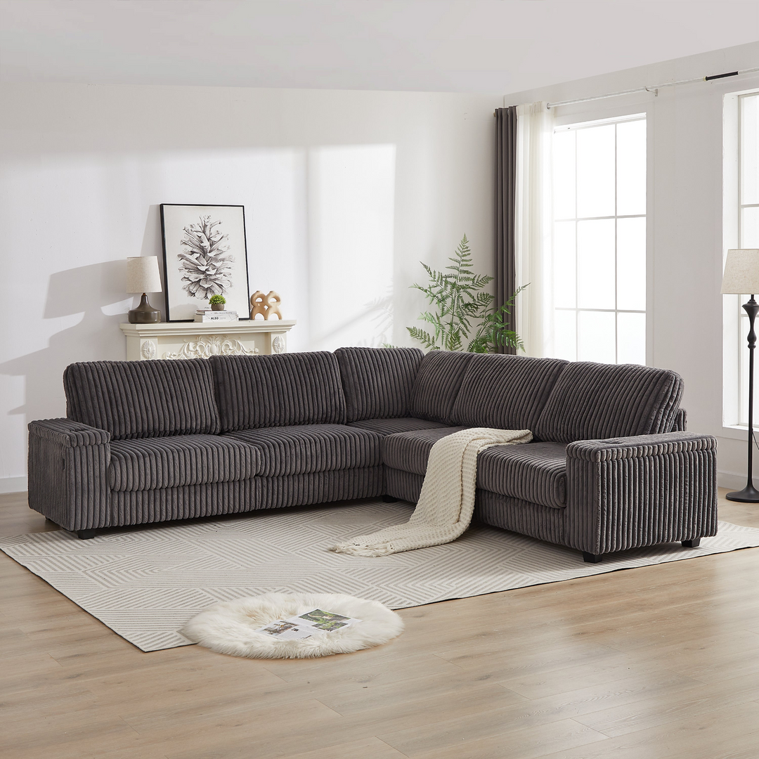 Buy farmhouse furniture Oversized Corduroy L-Shaped Corner Sofa with Storage, USB & Cup Holder - Modern Cottage Farmhouse Furniture