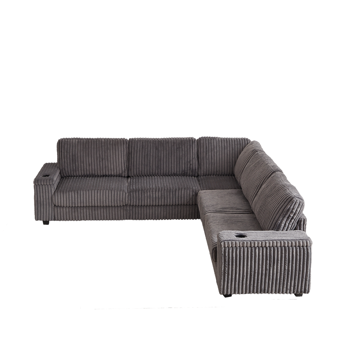 Buy farmhouse furniture Oversized Corduroy L-Shaped Corner Sofa with Storage, USB & Cup Holder - Modern Cottage Farmhouse Furniture