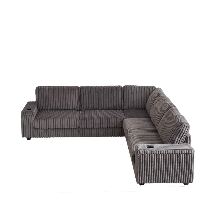 Buy farmhouse furniture Oversized Corduroy L-Shaped Corner Sofa with Storage, USB & Cup Holder - Modern Cottage Farmhouse Furniture