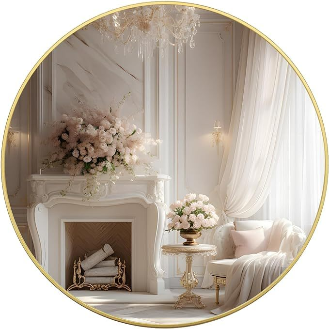 39 Inch Round Metal Framed Bathroom Mirror - Modern Wall Vanity Decor, 4mm HD Glass, Anti-Rust Aluminum Frame - Mediterranean Italian Contemporary Home Decor Furniture