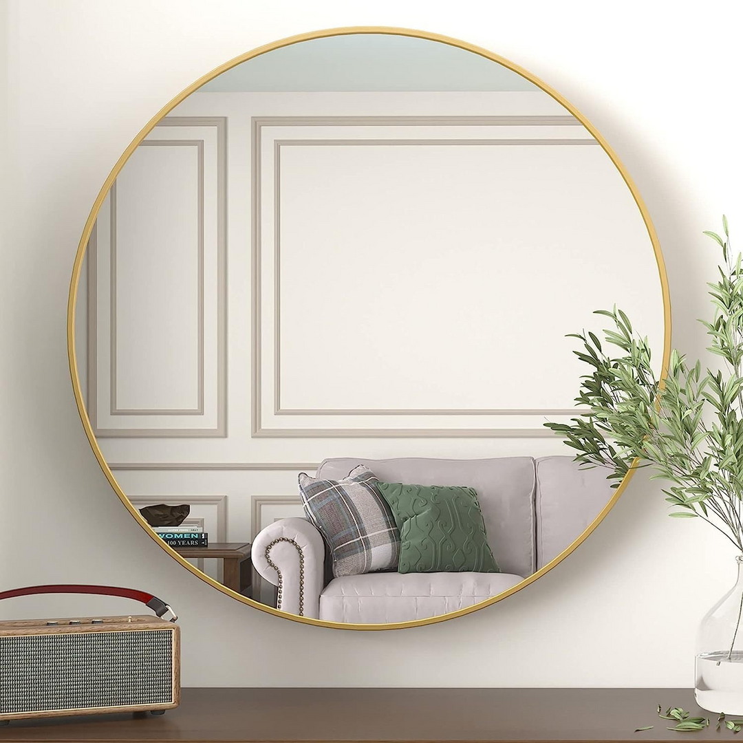 39 Inch Round Metal Framed Bathroom Mirror - Modern Wall Vanity Decor, 4mm HD Glass, Anti-Rust Aluminum Frame - Mediterranean Italian Contemporary Home Decor Furniture