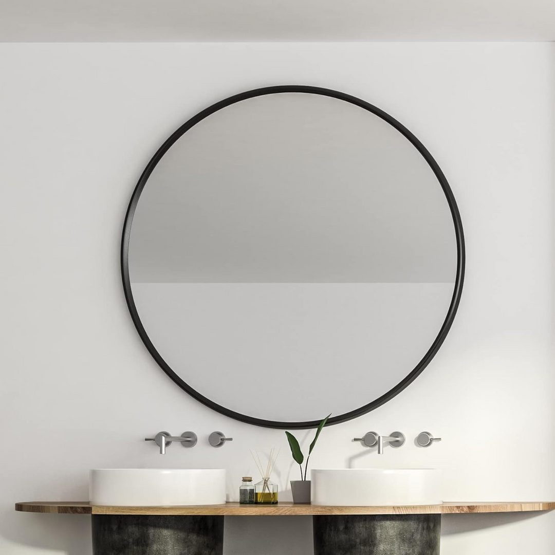 39 Inch Round Metal Framed Bathroom Mirror - Modern Wall Vanity Decor, 4mm HD Glass, Anti-Rust Aluminum Frame - Mediterranean Italian Contemporary Home Decor Furniture