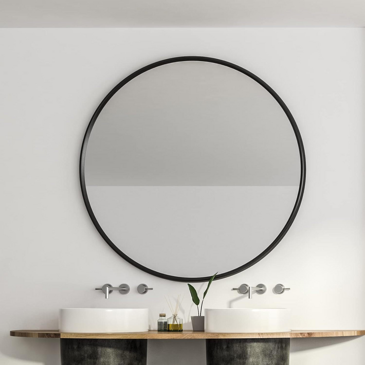 39 Inch Round Metal Framed Bathroom Mirror - Modern Wall Vanity Decor, 4mm HD Glass, Anti-Rust Aluminum Frame - Mediterranean Italian Contemporary Home Decor Furniture