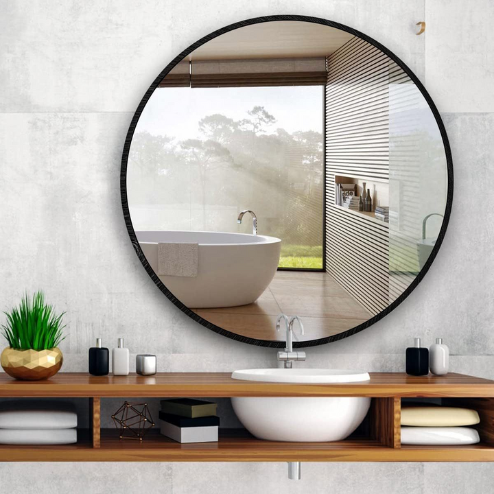 39 Inch Round Metal Framed Bathroom Mirror - Modern Wall Vanity Decor, 4mm HD Glass, Anti-Rust Aluminum Frame - Mediterranean Italian Contemporary Home Decor Furniture