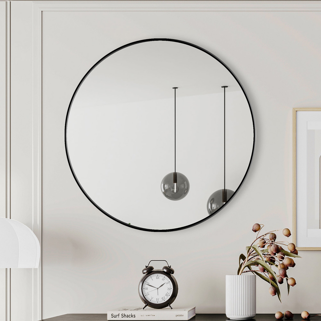 Sleek Circular Italian Metal-Framed Wall Mirror - Round Vanity Dressing Mirror for Home Decor - Mediterranean Italian Contemporary Home Decor Furniture