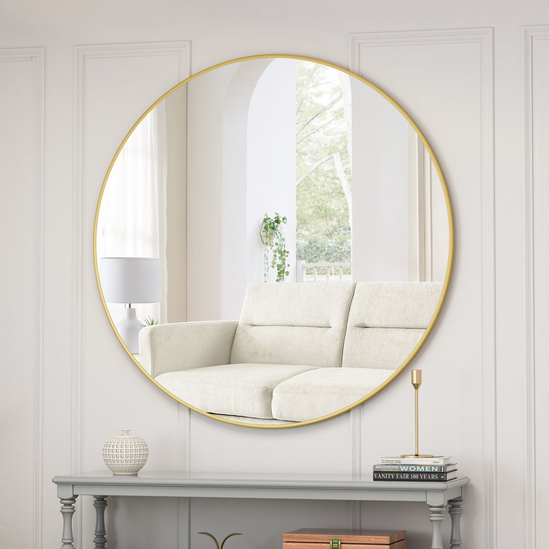 Buy farmhouse furniture Sleek Circular Italian Metal-Framed Wall Mirror - Round Vanity Dressing Mirror for Home Decor - Modern Cottage Farmhouse Furniture