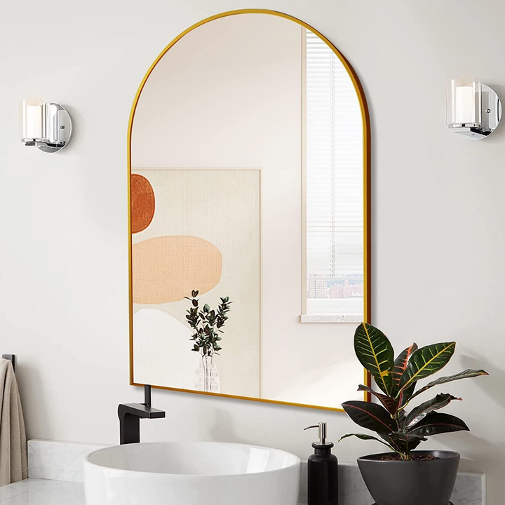 Elegant 20x30 Inch Arched Bathroom Mirror with Metal Frame - Wall Mounted Vanity Mirror for Modern Decor - Mediterranean Italian Contemporary Home Decor Furniture