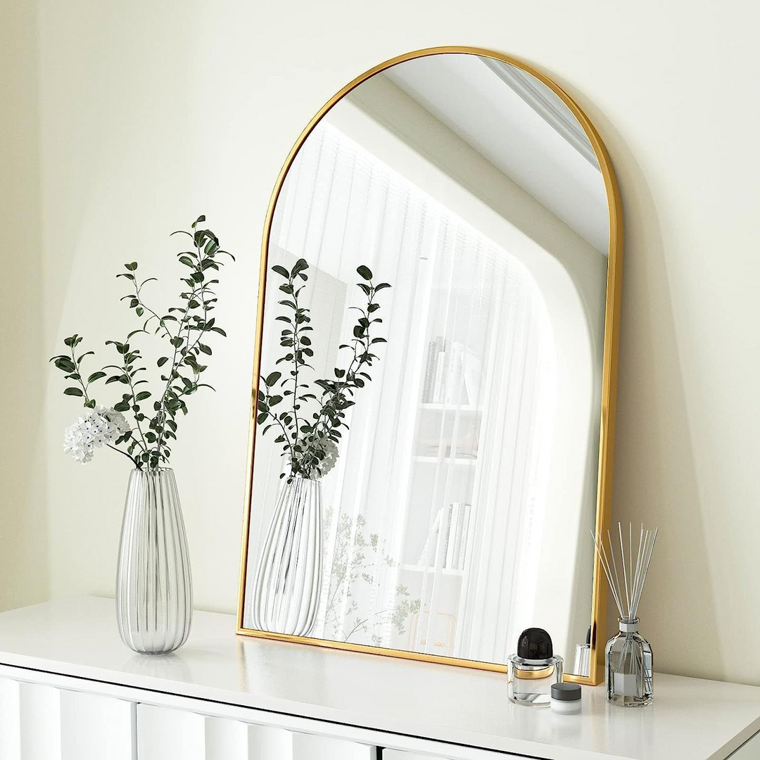 Elegant 20x30 Inch Arched Bathroom Mirror with Metal Frame - Wall Mounted Vanity Mirror for Modern Decor - Mediterranean Italian Contemporary Home Decor Furniture
