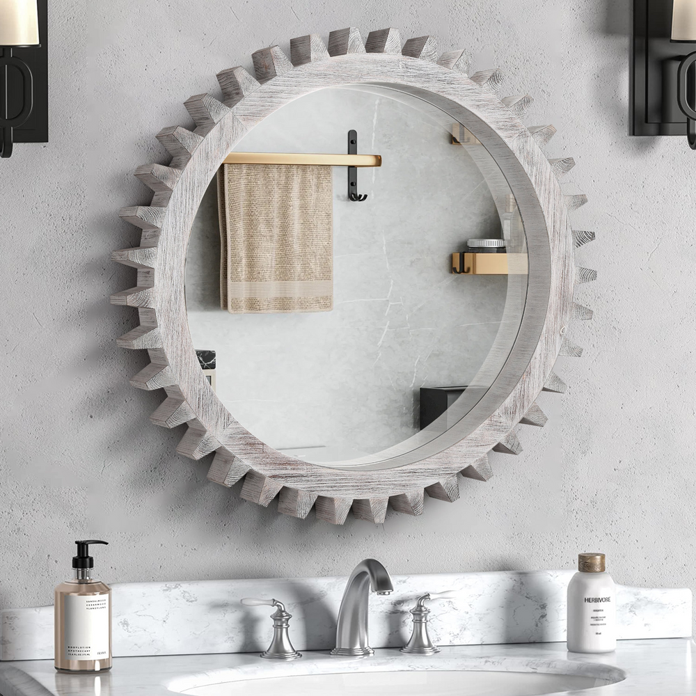 Vintage Gear-Inspired Round Wood Hanging Mirror – Perfect Decorative Piece for Bathroom, Living Room, Entryway, Hallway, and More - Mediterranean Italian Contemporary Home Decor Furniture