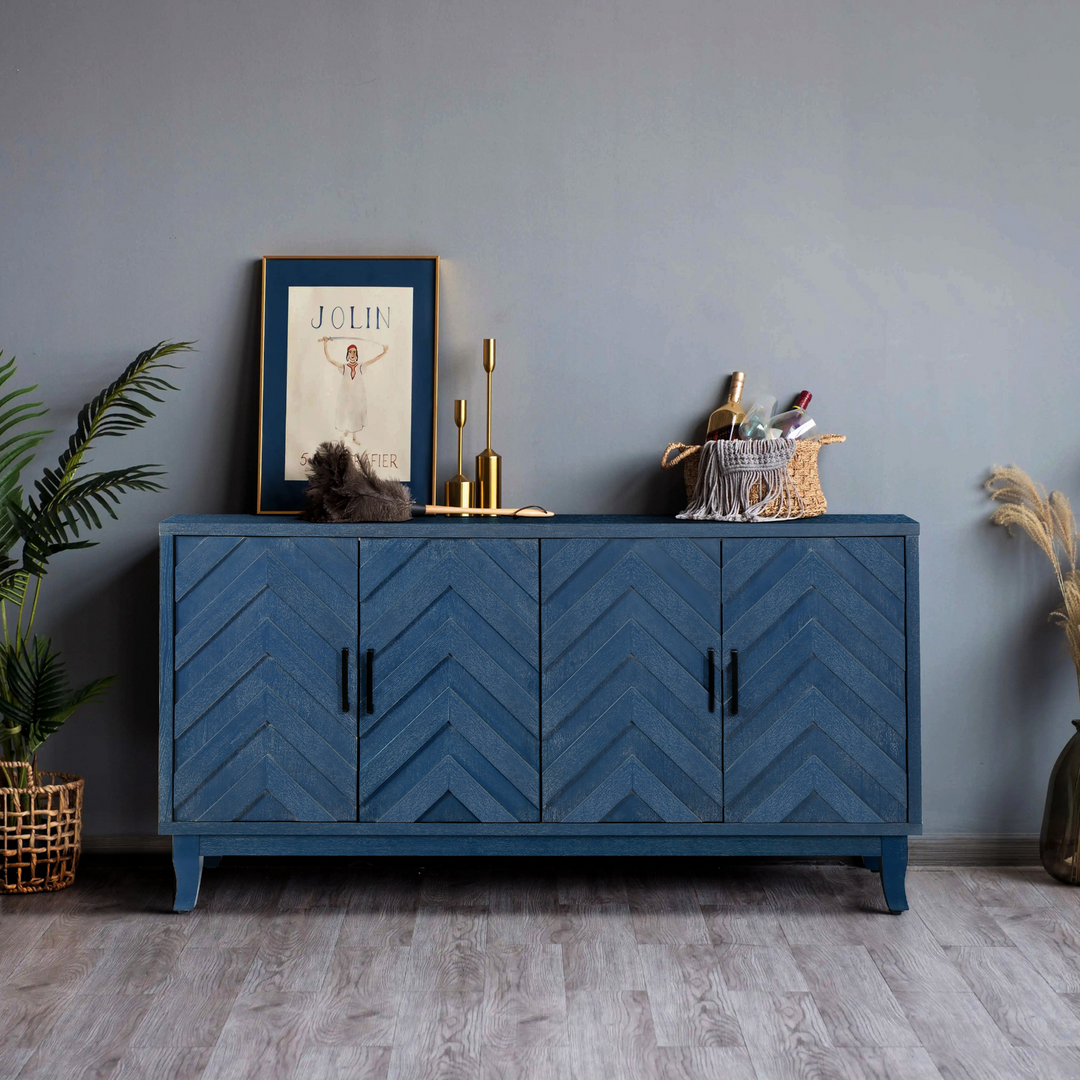 Mediterranean Blue Lacquered Wooden Modern Farmhouse Buffet Cabinet Sideboard - Mediterranean Italian Contemporary Home Decor Furniture