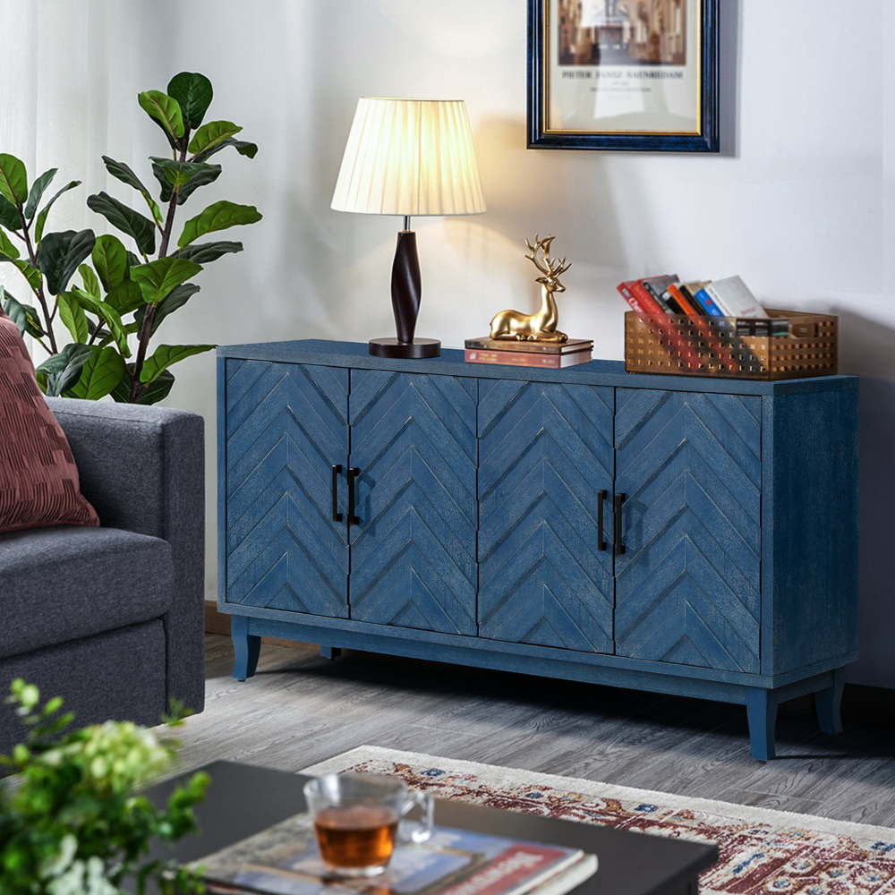 Mediterranean Blue Lacquered Wooden Modern Farmhouse Buffet Cabinet Sideboard - Mediterranean Italian Contemporary Home Decor Furniture