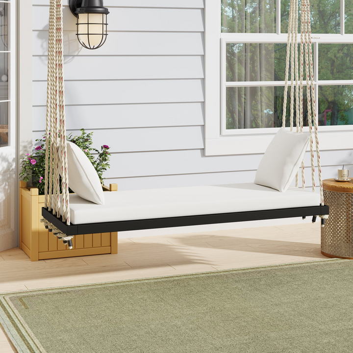 Buy farmhouse furniture Patio Wooden Swing Chair Hanging Porch Swing Bench with Cushion &amp; Pillows - Modern Cottage Farmhouse Furniture