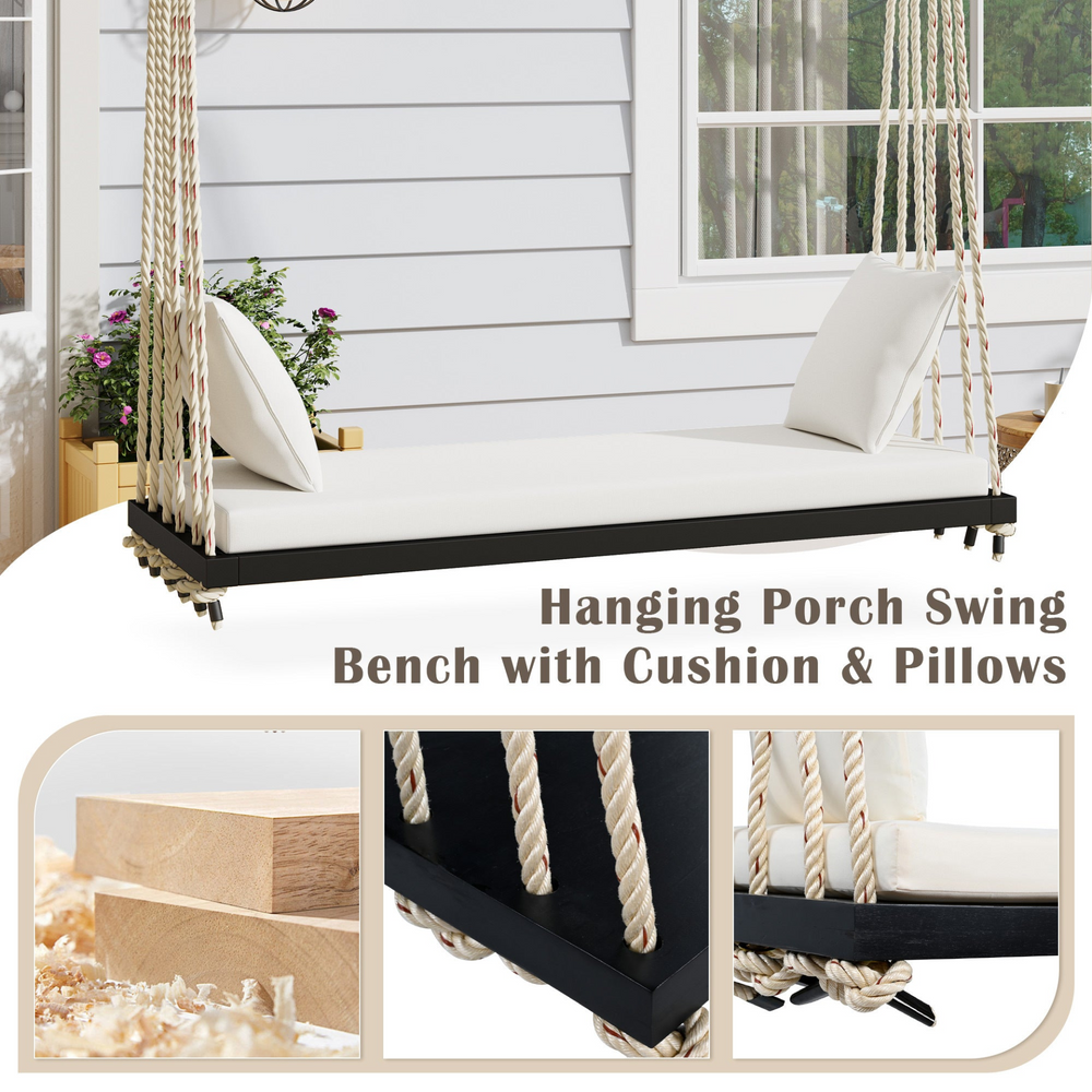 Buy farmhouse furniture Patio Wooden Swing Chair Hanging Porch Swing Bench with Cushion & Pillows - Modern Cottage Farmhouse Furniture