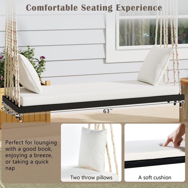 Buy farmhouse furniture Patio Wooden Swing Chair Hanging Porch Swing Bench with Cushion &amp; Pillows - Modern Cottage Farmhouse Furniture