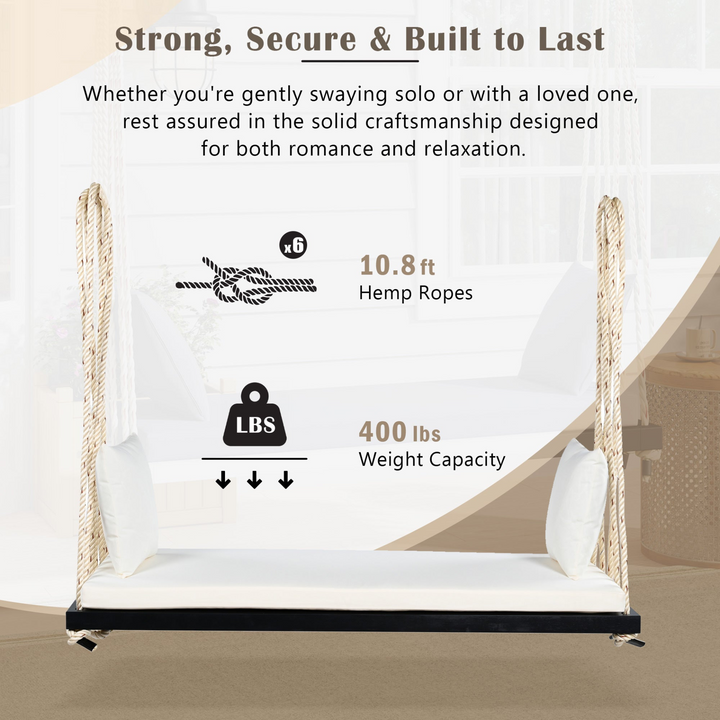 Buy farmhouse furniture Patio Wooden Swing Chair Hanging Porch Swing Bench with Cushion &amp; Pillows - Modern Cottage Farmhouse Furniture