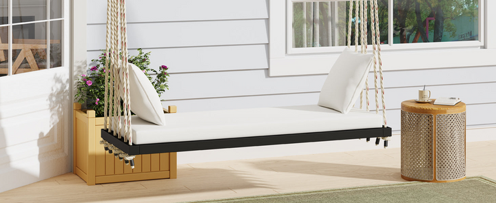 Buy farmhouse furniture Patio Wooden Swing Chair Hanging Porch Swing Bench with Cushion &amp; Pillows - Modern Cottage Farmhouse Furniture