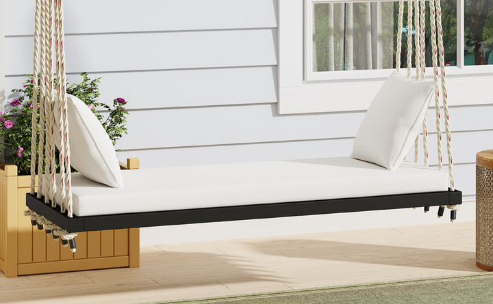 Buy farmhouse furniture Patio Wooden Swing Chair Hanging Porch Swing Bench with Cushion &amp; Pillows - Modern Cottage Farmhouse Furniture