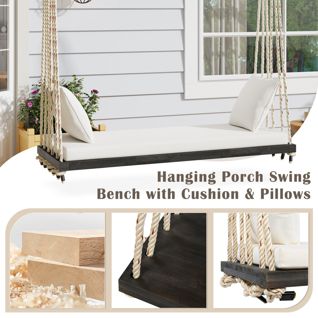 Buy farmhouse furniture Patio Wooden Swing Chair Hanging Porch Swing Bench with Cushion &amp; Pillows - Modern Cottage Farmhouse Furniture