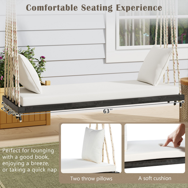 Buy farmhouse furniture Patio Wooden Swing Chair Hanging Porch Swing Bench with Cushion &amp; Pillows - Modern Cottage Farmhouse Furniture