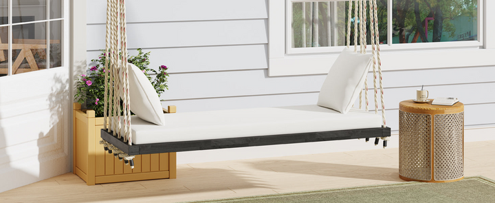 Buy farmhouse furniture Patio Wooden Swing Chair Hanging Porch Swing Bench with Cushion &amp; Pillows - Modern Cottage Farmhouse Furniture
