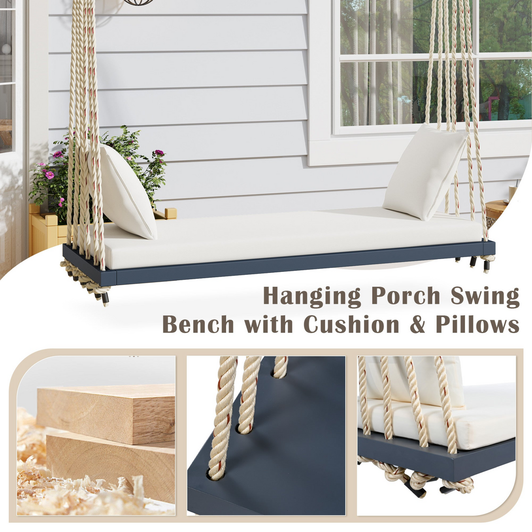 Buy farmhouse furniture Patio Wooden Swing Chair Hanging Porch Swing Bench with Cushion &amp; Pillows - Modern Cottage Farmhouse Furniture