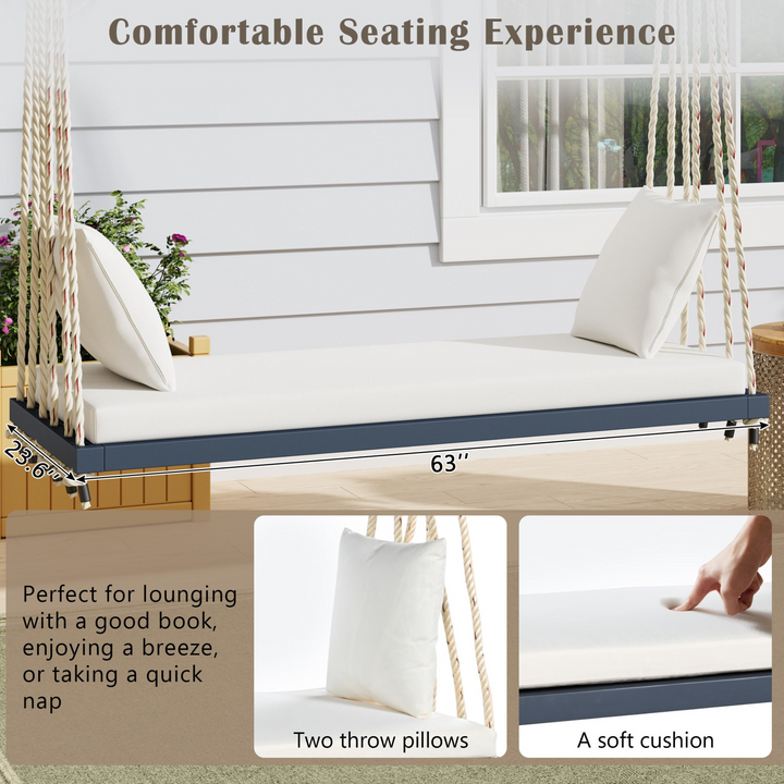 Buy farmhouse furniture Patio Wooden Swing Chair Hanging Porch Swing Bench with Cushion &amp; Pillows - Modern Cottage Farmhouse Furniture
