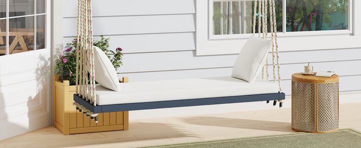 Buy farmhouse furniture Patio Wooden Swing Chair Hanging Porch Swing Bench with Cushion &amp; Pillows - Modern Cottage Farmhouse Furniture