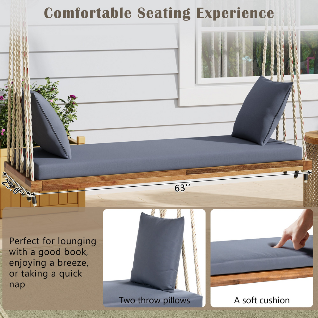 Buy farmhouse furniture Patio Wooden Swing Chair Hanging Porch Swing Bench with Cushion &amp; Pillows - Modern Cottage Farmhouse Furniture