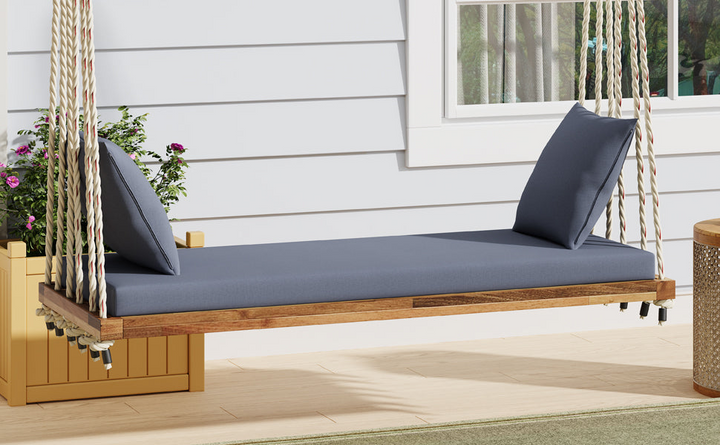 Buy farmhouse furniture Patio Wooden Swing Chair Hanging Porch Swing Bench with Cushion &amp; Pillows - Modern Cottage Farmhouse Furniture