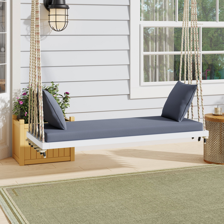 Buy farmhouse furniture Patio Wooden Swing Chair Hanging Porch Swing Bench with Cushion &amp; Pillows - Modern Cottage Farmhouse Furniture