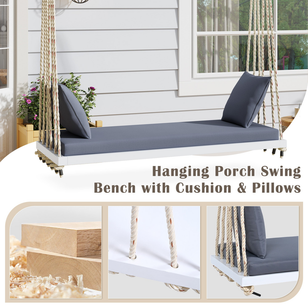 Buy farmhouse furniture Patio Wooden Swing Chair Hanging Porch Swing Bench with Cushion &amp; Pillows - Modern Cottage Farmhouse Furniture