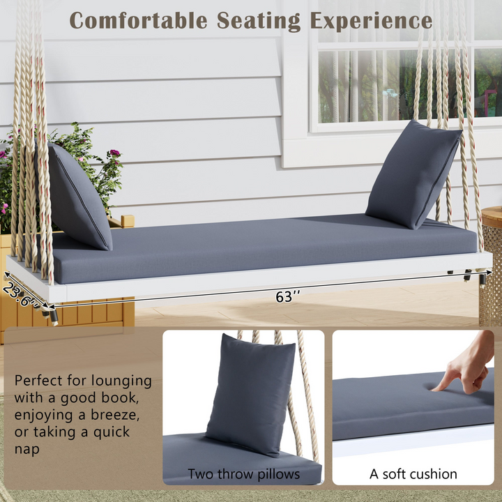 Buy farmhouse furniture Patio Wooden Swing Chair Hanging Porch Swing Bench with Cushion &amp; Pillows - Modern Cottage Farmhouse Furniture