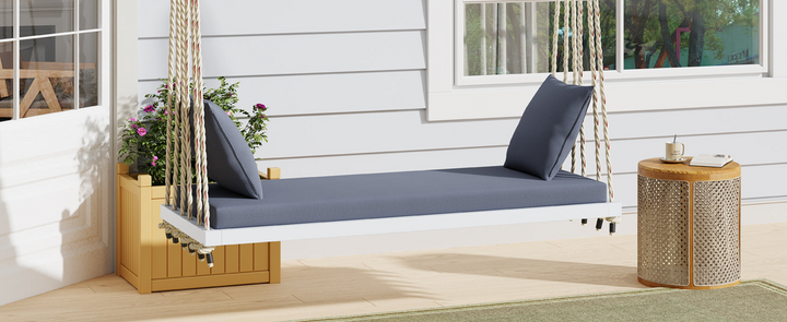 Buy farmhouse furniture Patio Wooden Swing Chair Hanging Porch Swing Bench with Cushion &amp; Pillows - Modern Cottage Farmhouse Furniture