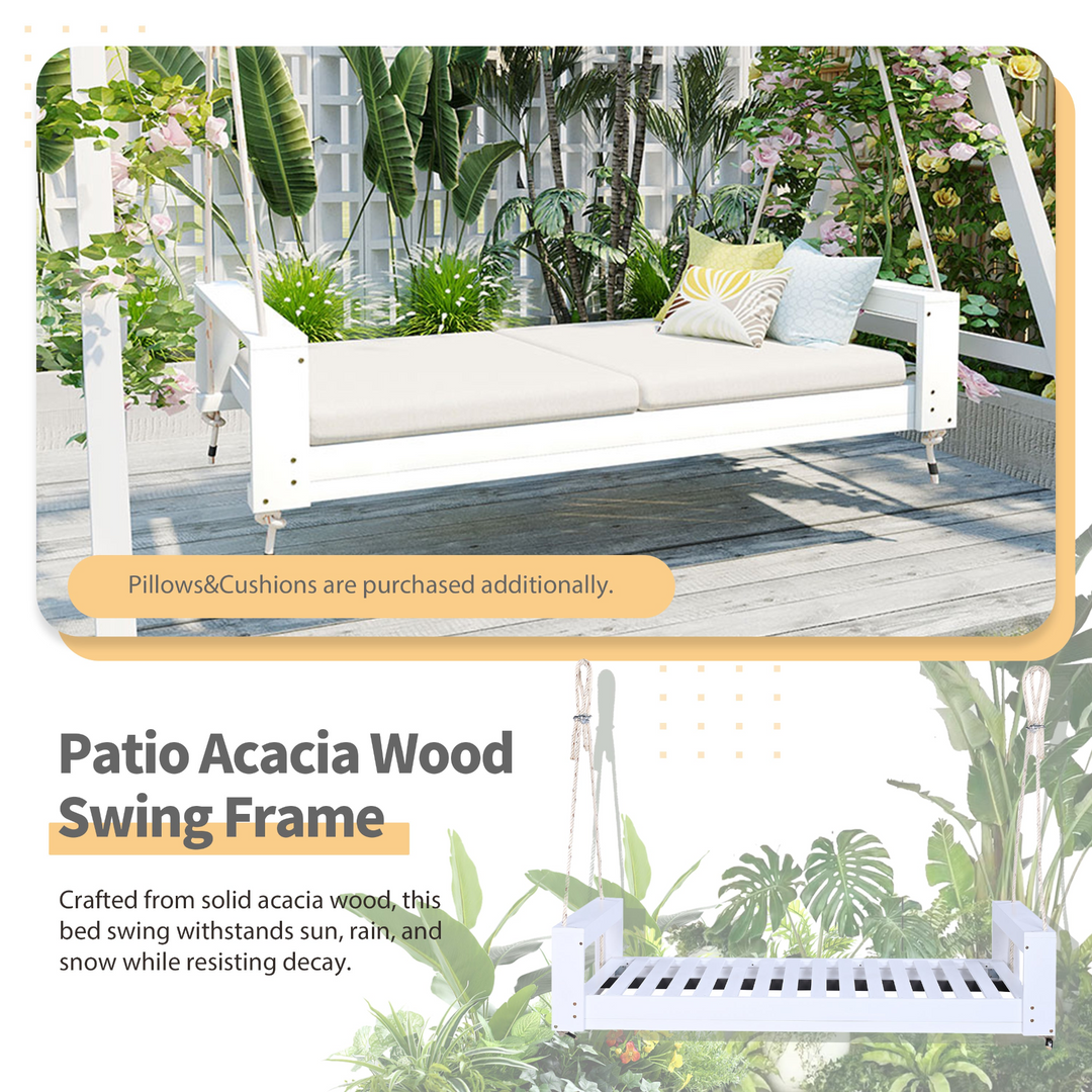 Twin Size Porch Swing Bed - Premium Acacia Wood Frame with Durable Hemp Ropes for Backyard Relaxation - Mediterranean Italian Contemporary Home Decor Furniture